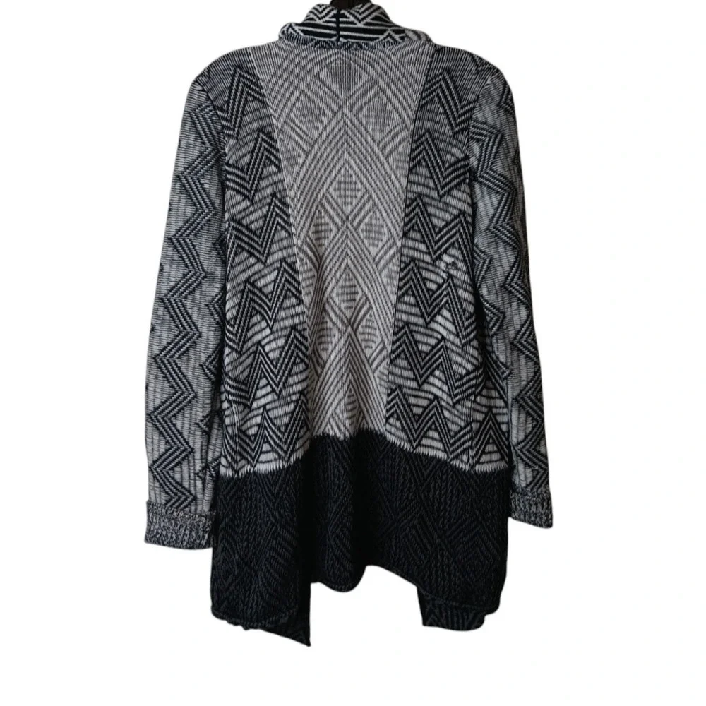 Lucky Brand Women’s Black White Open Front Cardigan Sweater Geometric Aztec M-L